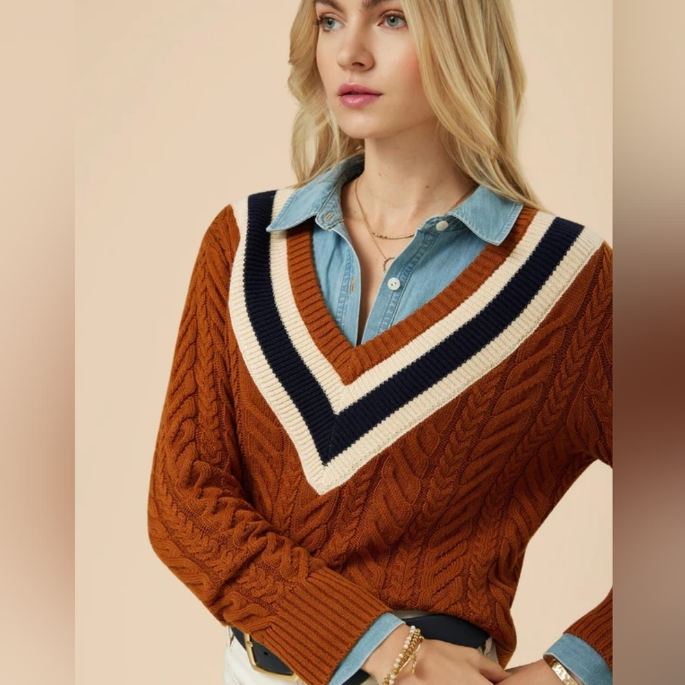 Cable Knit V-Neck Sweater - Brown and Navy
